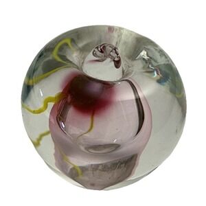 Art Glass Apple Paperweight Pink Purple Yellow Swirl Hand Blown Decorative Orb